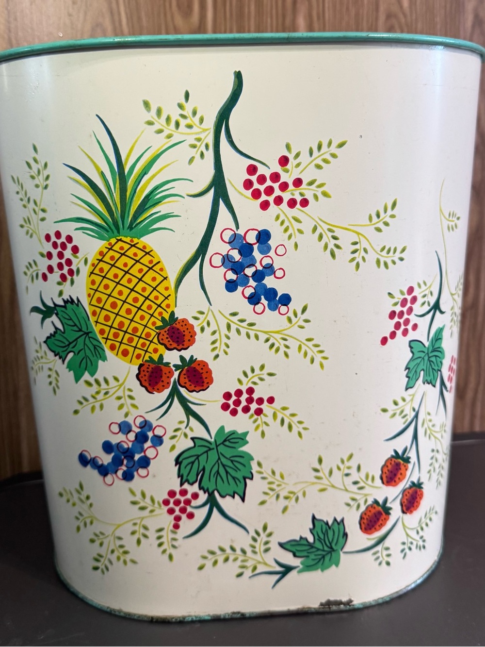 MCM Cream Decorative Bin with Yellow Pineapple and Multicolor Fruit Motif